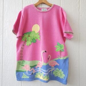 Vtg Quacker Factory Flamingo Knit Top Tunic XL Pink Tropical Retro Cruise Artsy